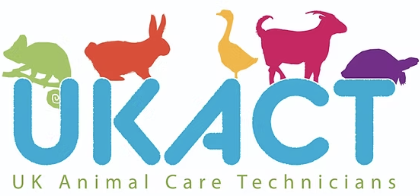 UKACT logo, cyan letters topped with a bright green chameleon, red rabbit, orange goose, pink goat and purple tortoise.